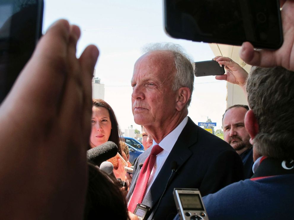 PHOTO: U.S. Sen. Jerry Moran, R-Kan., speaks to reporters following a town hall meeting, July 6, 2017, in Palco, Kan.