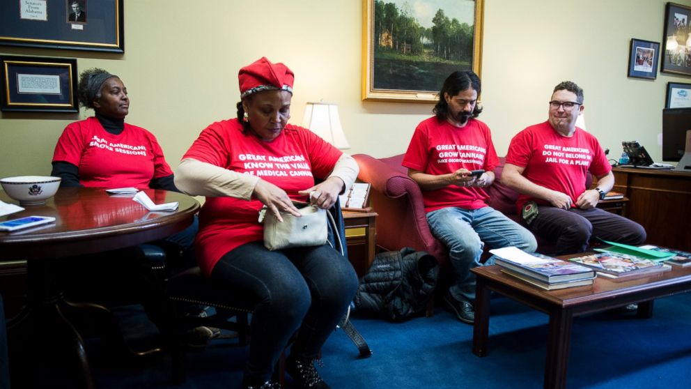 PHOTO: Adam Eidinger, far right, and a few other members of the Washington, DC marijuana rights group DCMJ wait in the Capitol Hill office of Sen. Jeff Sessions, R-Ala., Nov. 28, 2016. 