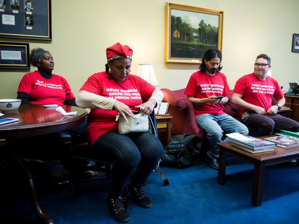 PHOTO: Adam Eidinger, far right, and a few other members of the Washington, DC marijuana rights group DCMJ wait in the Capitol Hill office of Sen. Jeff Sessions, R-Ala., Nov. 28, 2016.