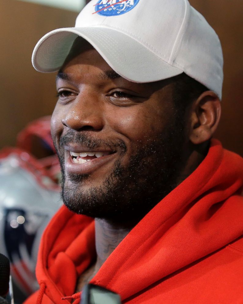 PHOTO: New England Patriots tight end Martellus Bennett speaks with reporters in the team's locker room following practice, Jan. 19, 2017, in Foxborough, Massachusetts.