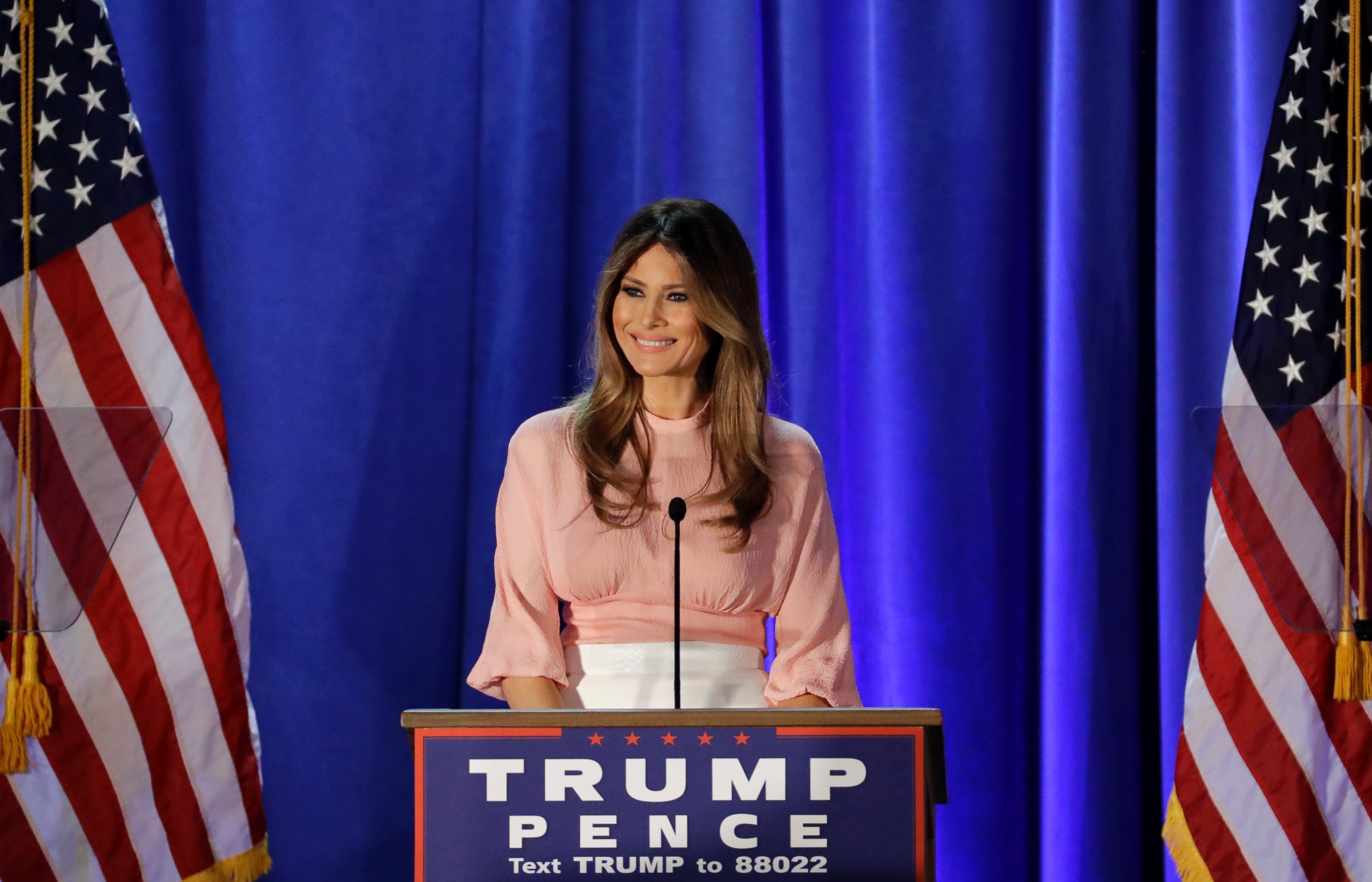 PHOTO: Melania Trump, wife of Republican presidential candidate Donald Trump, delivers a speech at the Main Line Sports Center in Berwyn, Pennsylvania,  Nov. 3, 2016. 