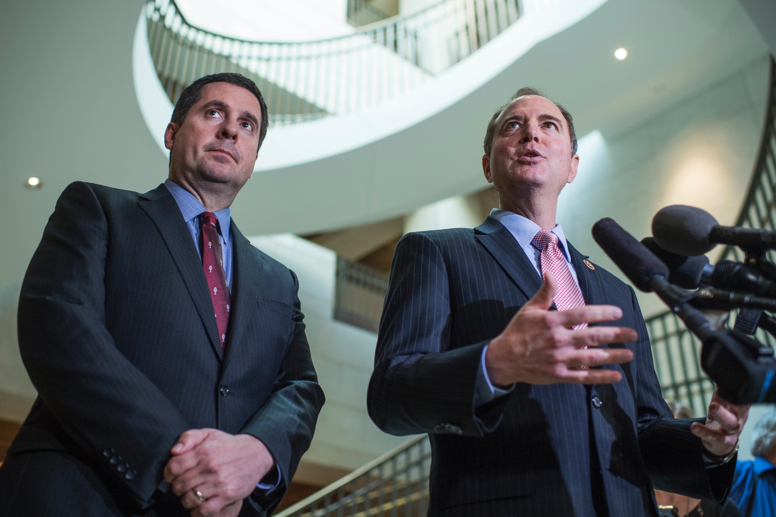 PHOTO: Rep. Adam Schiff, D-Calif., right, and Chairman Devin Nunes, R-Calif., conduct a news conference in the Capitol Visitor Center after a briefing with FBI Director James Comey about Russia, March 2, 2017. 