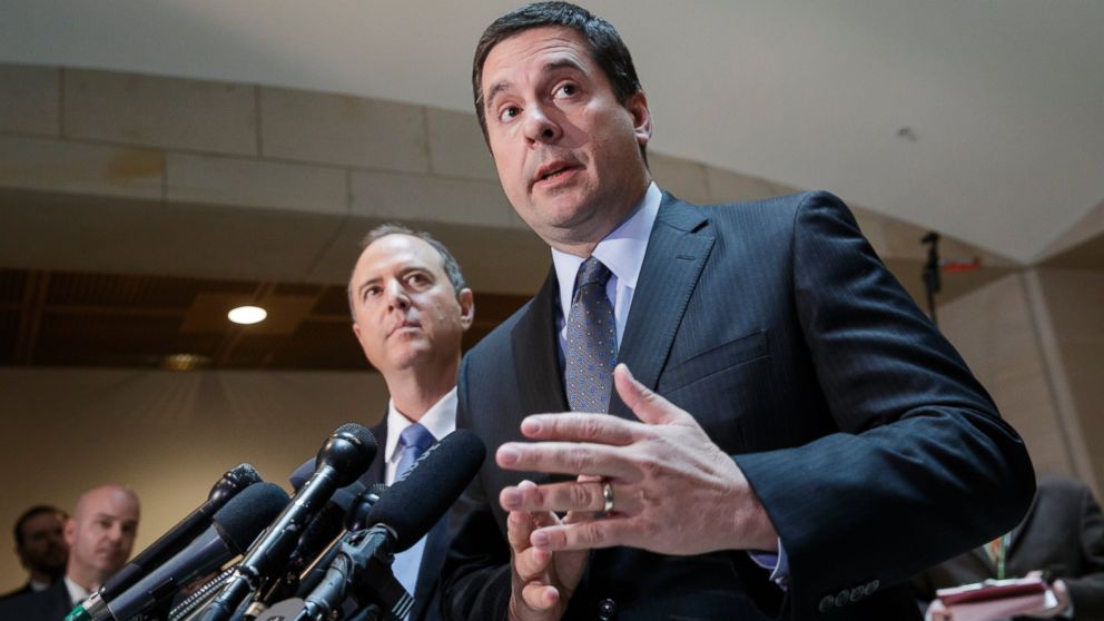 PHOTO: House Intelligence Committee Chairman Rep. Devin Nunes, R-Calif., right, accompanied by the committee's ranking member, Rep. Adam Schiff, D-Calif., talk to reporters, on Capitol Hill in Washington, March, 15, 2017.