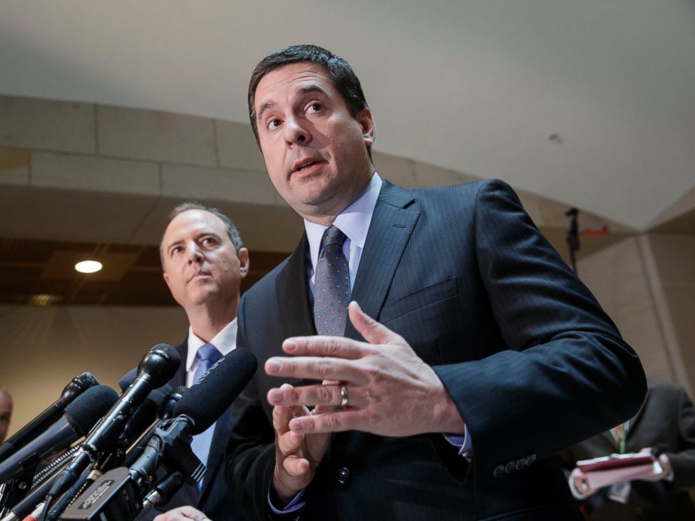 PHOTO: House Intelligence Committee Chairman Rep. Devin Nunes, R-Calif., right, accompanied by the committees ranking member, Rep. Adam Schiff, D-Calif., talk to reporters, on Capitol Hill in Washington, March, 15, 2017.