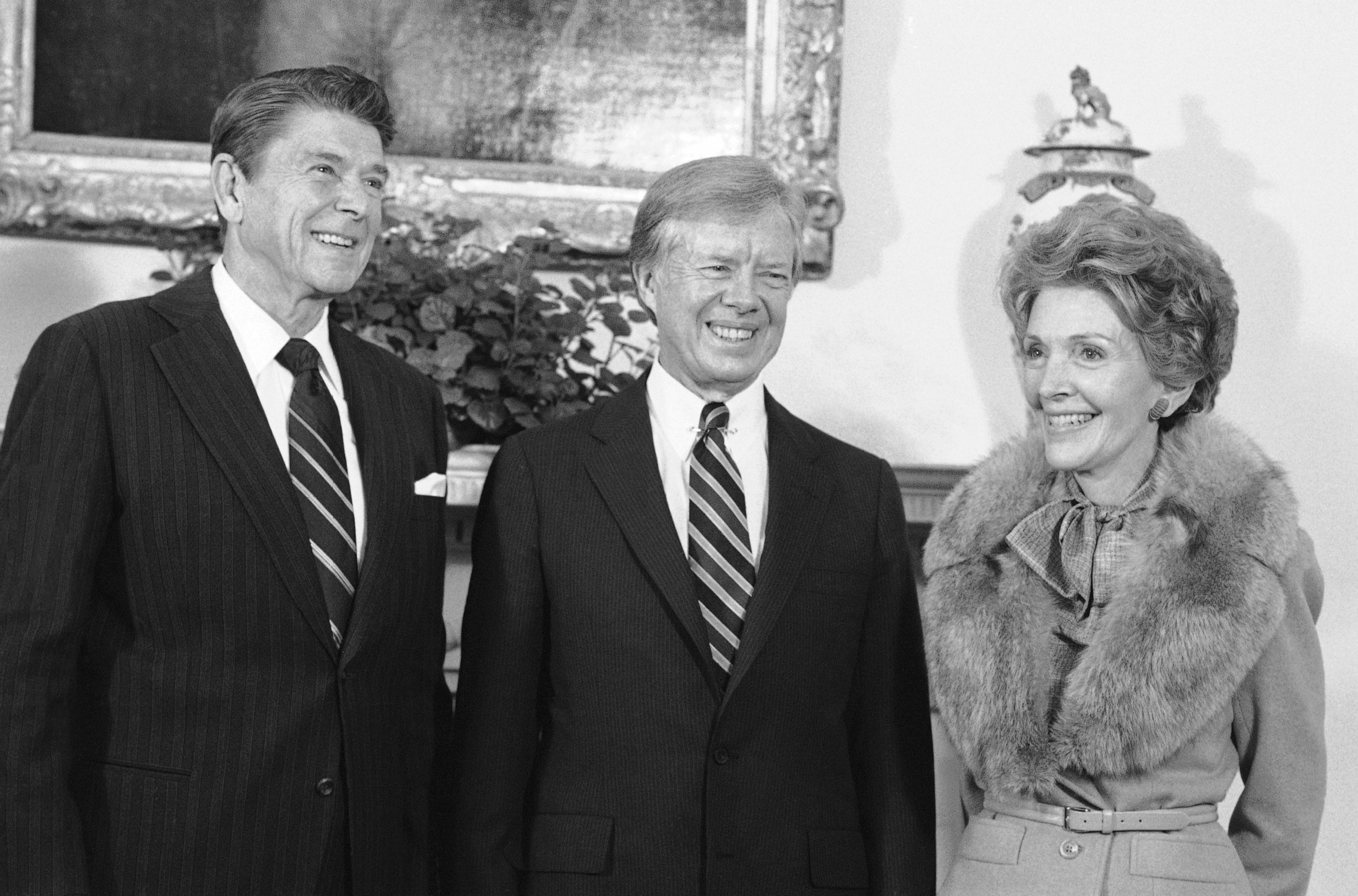 PHOTO: President Jimmy Carter shown with President-elect Ronald Reagan and his wife Nancy in the Oval Office of the White House on Nov. 20, 1980. Mrs. Reagan received a tour of the family quarters while the two leaders met in the Oval Office. 