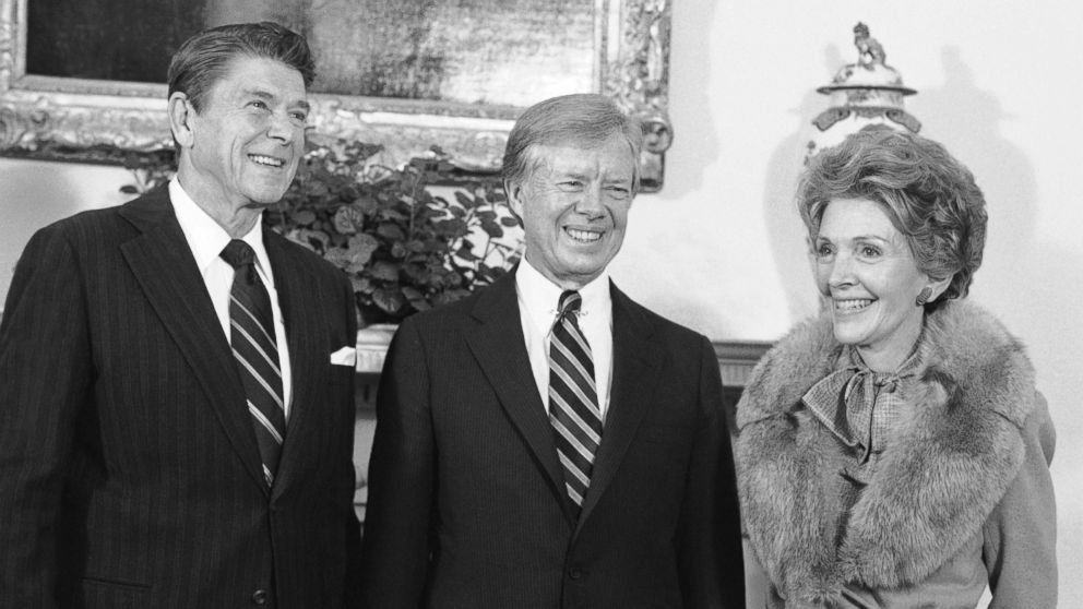 PHOTO: President Jimmy Carter shown with President-elect Ronald Reagan and his wife Nancy in the Oval Office of the White House on Nov. 20, 1980. Mrs. Reagan received a tour of the family quarters while the two leaders met in the Oval Office. 