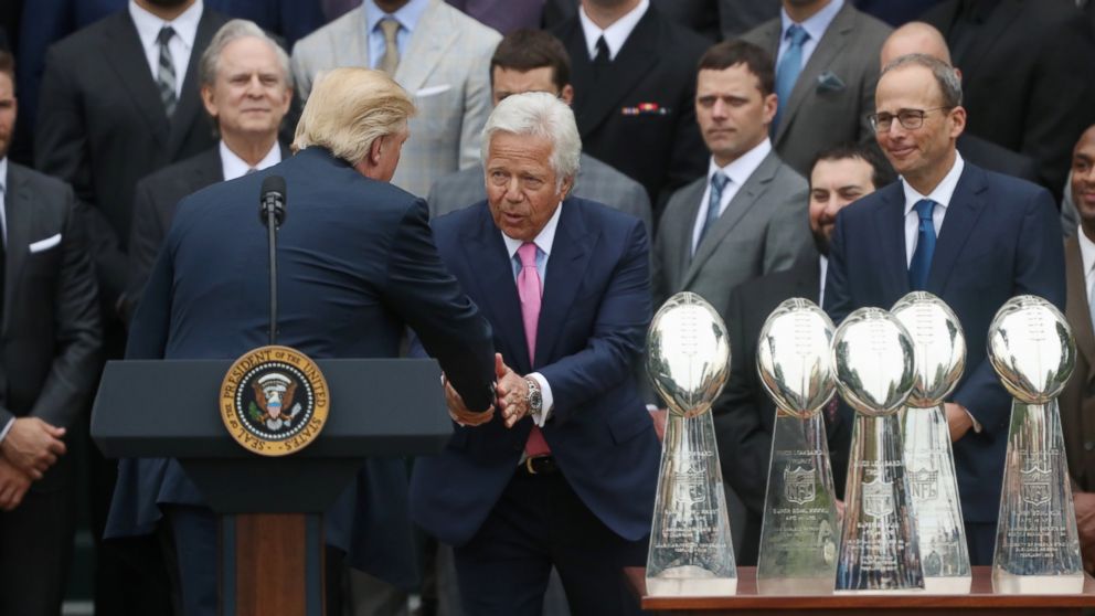 PHOTO: President Donald Trump shakes hands with New England Patriots owner Robert Kraft during a ceremony on the South Lawn of the White House which honored the Super Bowl Champion New England Patriots, April 19, 2017.