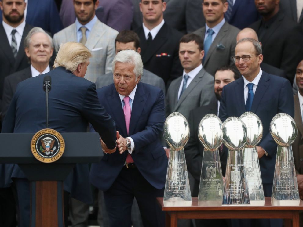 PHOTO: President Donald Trump shakes hands with New England Patriots owner Robert Kraft during a ceremony on the South Lawn of the White House which honored the Super Bowl Champion New England Patriots, April 19, 2017.