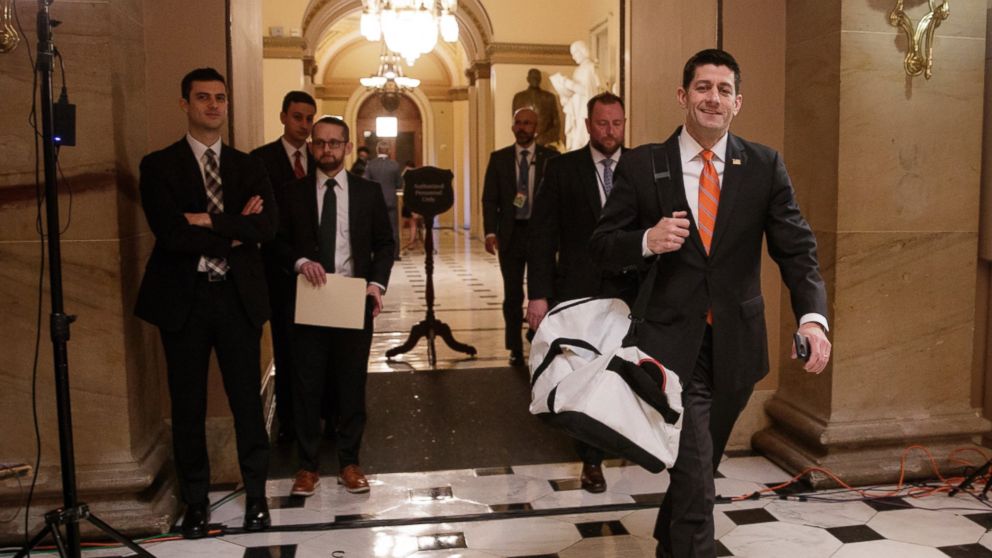 House Speaker Paul Ryan of Wis. strides to his office on Capitol Hill in Washington, on March 23, 2017, as he and the Republican leadership scramble for votes on their health care overhaul in the face of opposition from reluctant conservatives in the House Freedom Caucus. 