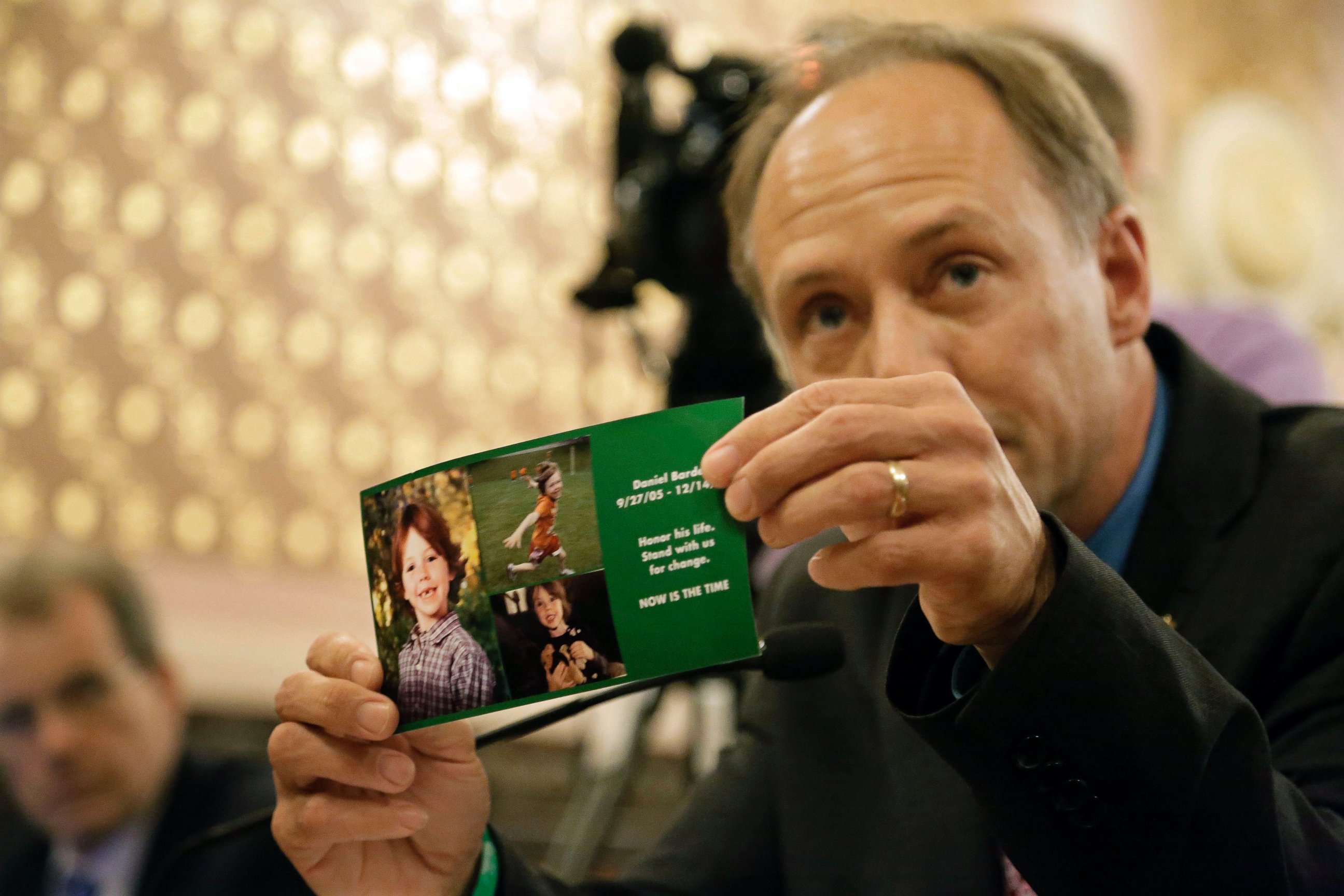 PHOTO: Mark Barden, a parent who lost his child, Daniel Barden, 7, in the Sandy Hook school shooting in Connecticut, testifies on assault weapon legislation at the Illinois State Capitol, May 20, 2013, in Springfield, Illinois.