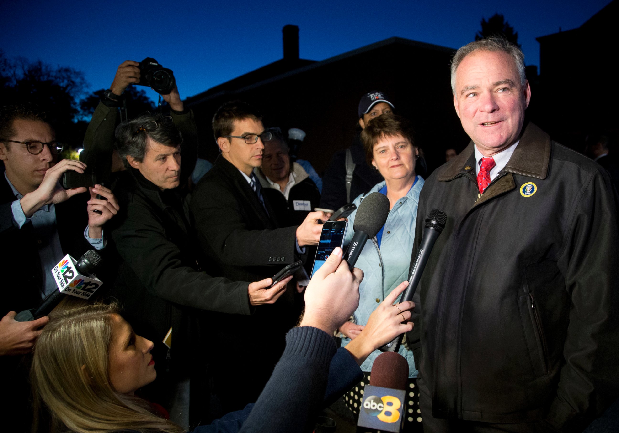 PHOTO: Democratic vice presidential candidate U.S. Sen. Tim Kaine, D-Va., and his wife, Anne Holton, talk to the media after voting in Richmond, Virginia, Nov. 8, 2016.