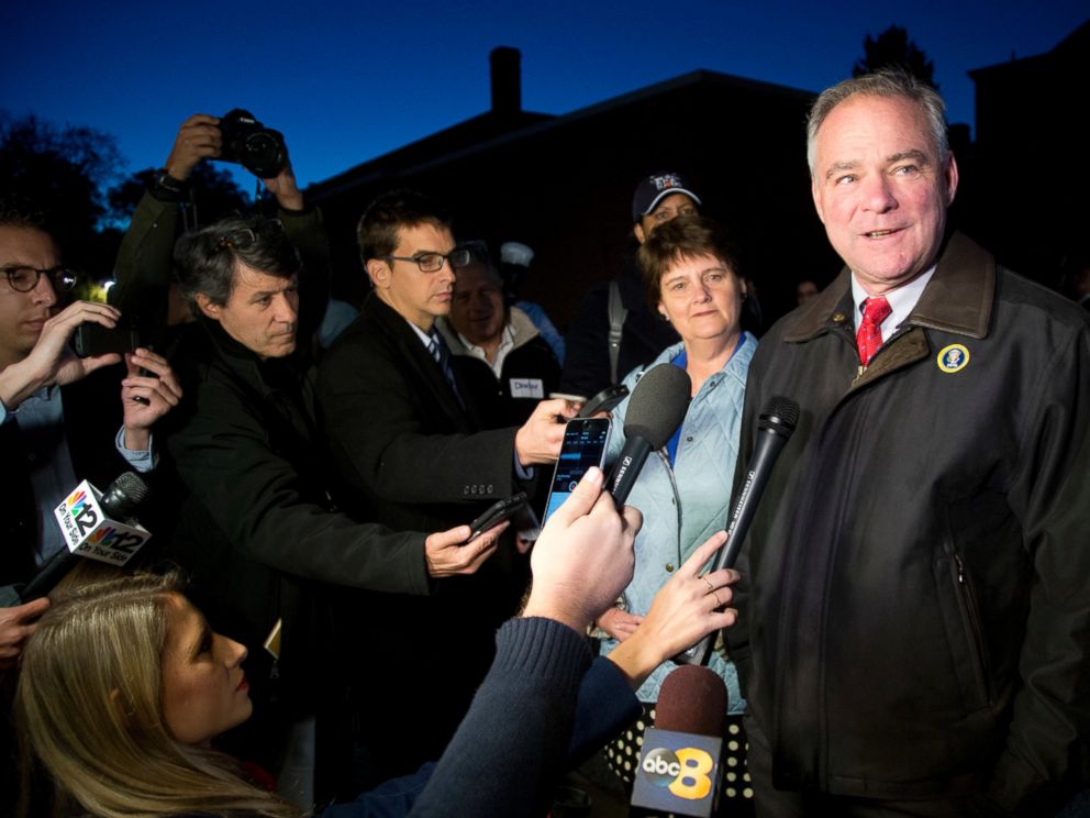 PHOTO: Democratic vice presidential candidate U.S. Sen. Tim Kaine, D-Va., and his wife, Anne Holton, talk to the media after voting in Richmond, Virginia, Nov. 8, 2016.