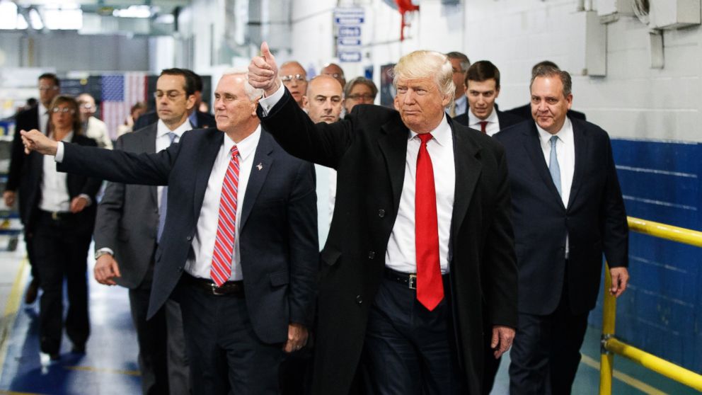 President-elect Donald Trump and Vice President-elect Mike Pence wave as they visit to Carrier factory, in Indianapolis, Indiana, Dec. 1, 2016. Trump tweeted, Dec. 7, 2016: "Chuck Jones, who is President of United Steelworkers 1999, has done a terrible job representing workers." 