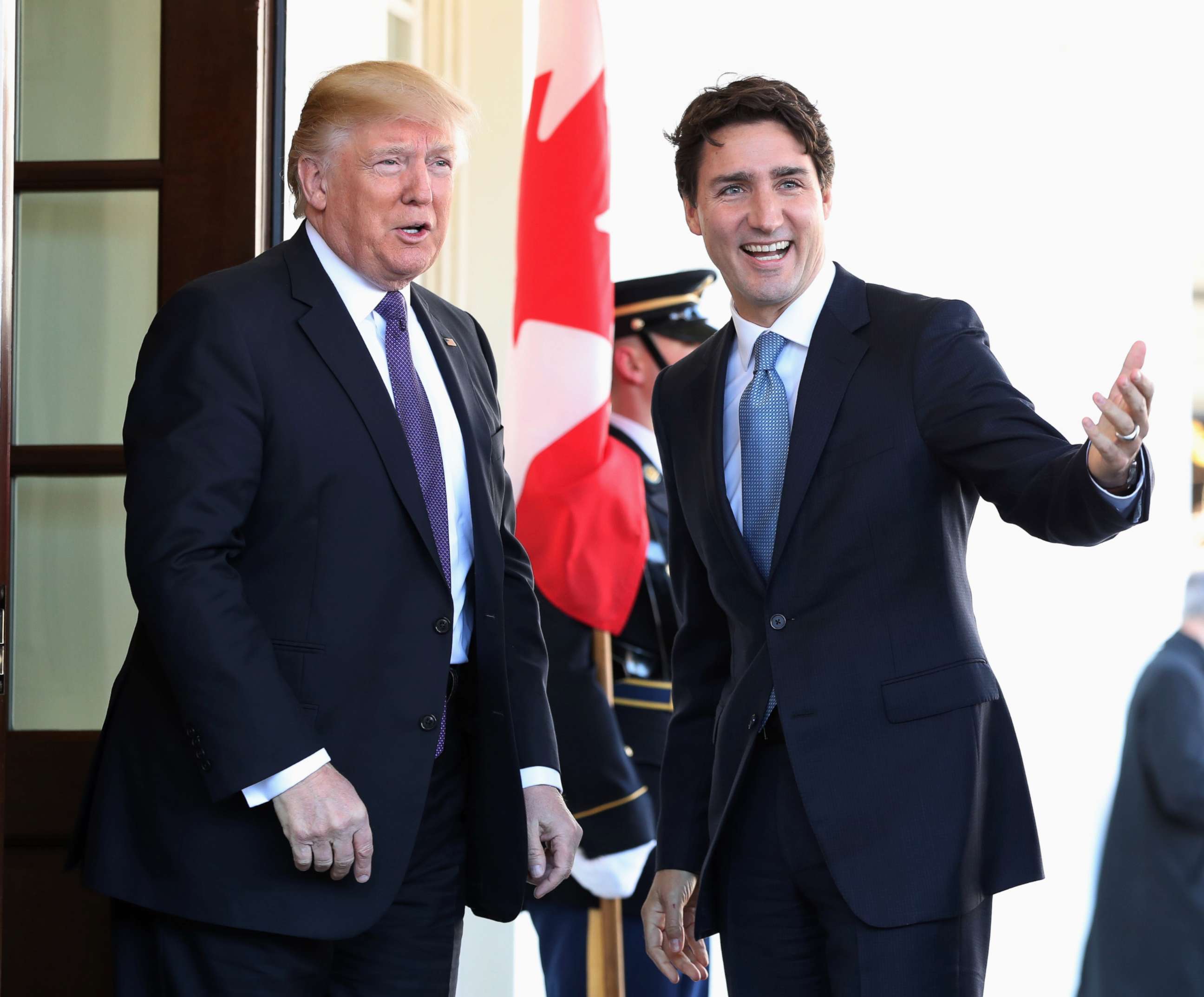 PHOTO: President Donald Trump greets Canadian Prime Minister Justin Trudeau upon his arrival at the White House in Washington, Feb. 13, 2017.