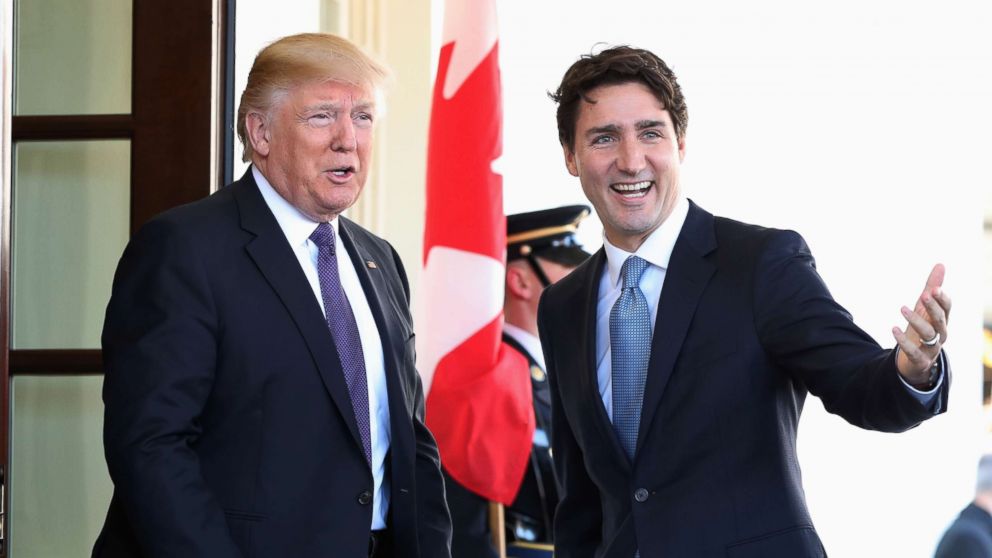 PHOTO: President Donald Trump greets Canadian Prime Minister Justin Trudeau upon his arrival at the White House in Washington, Feb. 13, 2017.