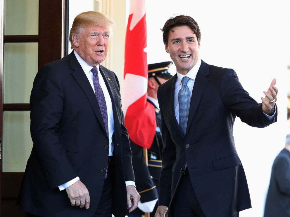 PHOTO: President Donald Trump greets Canadian Prime Minister Justin Trudeau upon his arrival at the White House in Washington, Feb. 13, 2017.