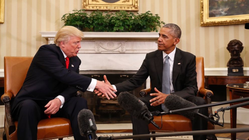 President Barack Obama shakes hands with President-elect Donald Trump in the Oval Office of the White House in Washington, Nov. 10, 2016. 