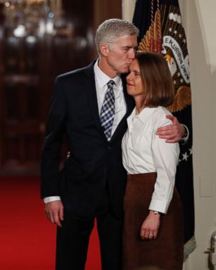 PHOTO: President Donald Trump speaks in the East Room of the White House in Washington, Jan. 31, 2017, to announce Judge Neil Gorsuch as his nominee for the Supreme Court. Gorsuch stands with his wife Louise. 