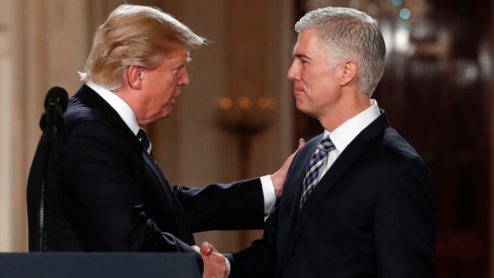 President Donald Trump shakes hands with 10th U.S. Circuit Court of Appeals Judge Neil Gorsuch, his choice for Supreme Court Justices in the East Room of the White House in Washington, Jan. 31, 2017.