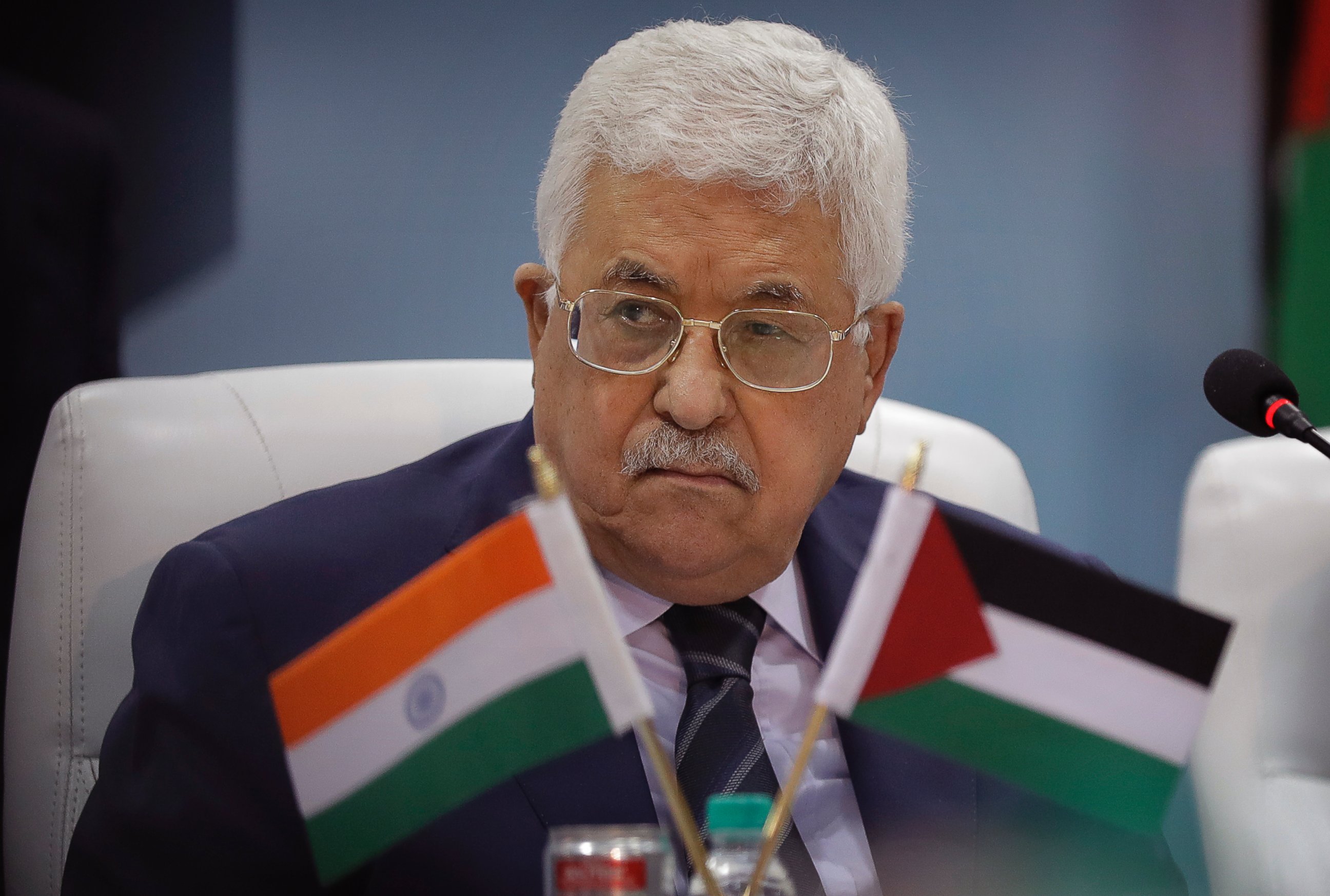 PHOTO: Palestinian President Mahmoud Abbas listens to a speaker during his visit to the Centre for Development of Advance Computing in Noida on the outskirts of New Delhi, India, May 15, 2017. 