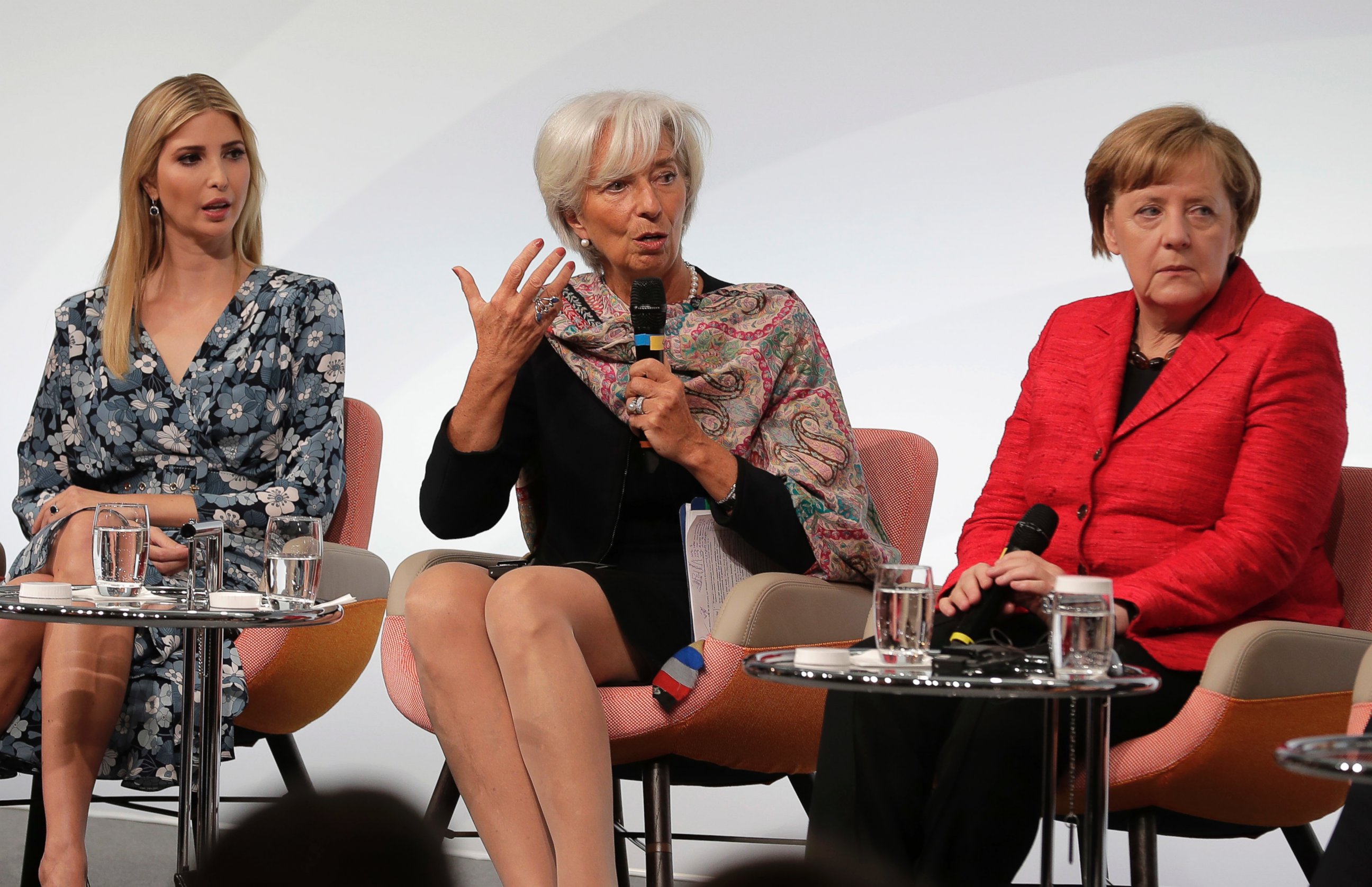PHOTO: Ivanka Trump, daughter and adviser of U.S. President Donald Trump, International Monetary Fund Managing Director Christine Lagarde and German Chancellor Angela Merkel, discuss during a panel of the W20 Summit in Berlin, April 25, 2017. 