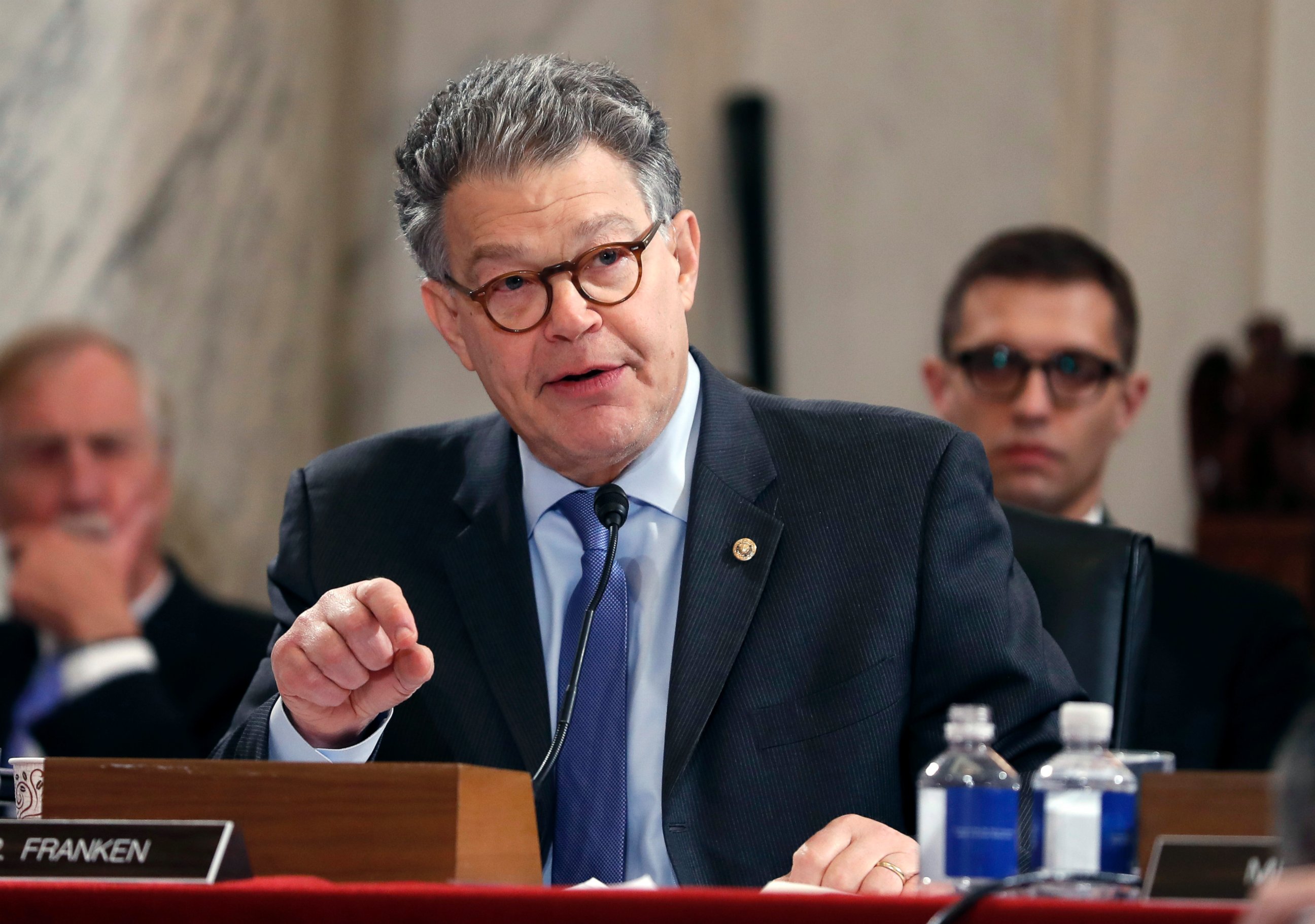 PHOTO: Sen. Al Franken questions Attorney General-designate, Sen. Jeff Sessions on Capitol Hill in Washington, Jan. 10, 2017, during the committee's confirmation hearing for Sessions.