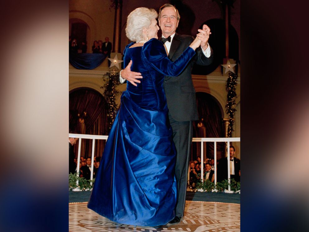 PHOTO: President George H.W. Bush and wife, Barbara dance at the inaugural ball at the Pension Building in Washington, Jan. 20, 1989.