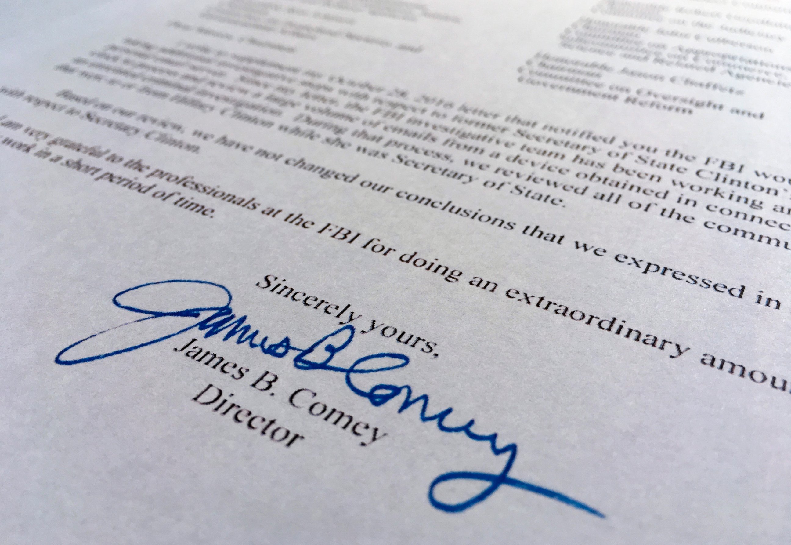 PHOTO: Part of a Nov. 6, 2016, letter from FBI director James Comey to Congress is photographed in Washington, Nov. 6, 2016.