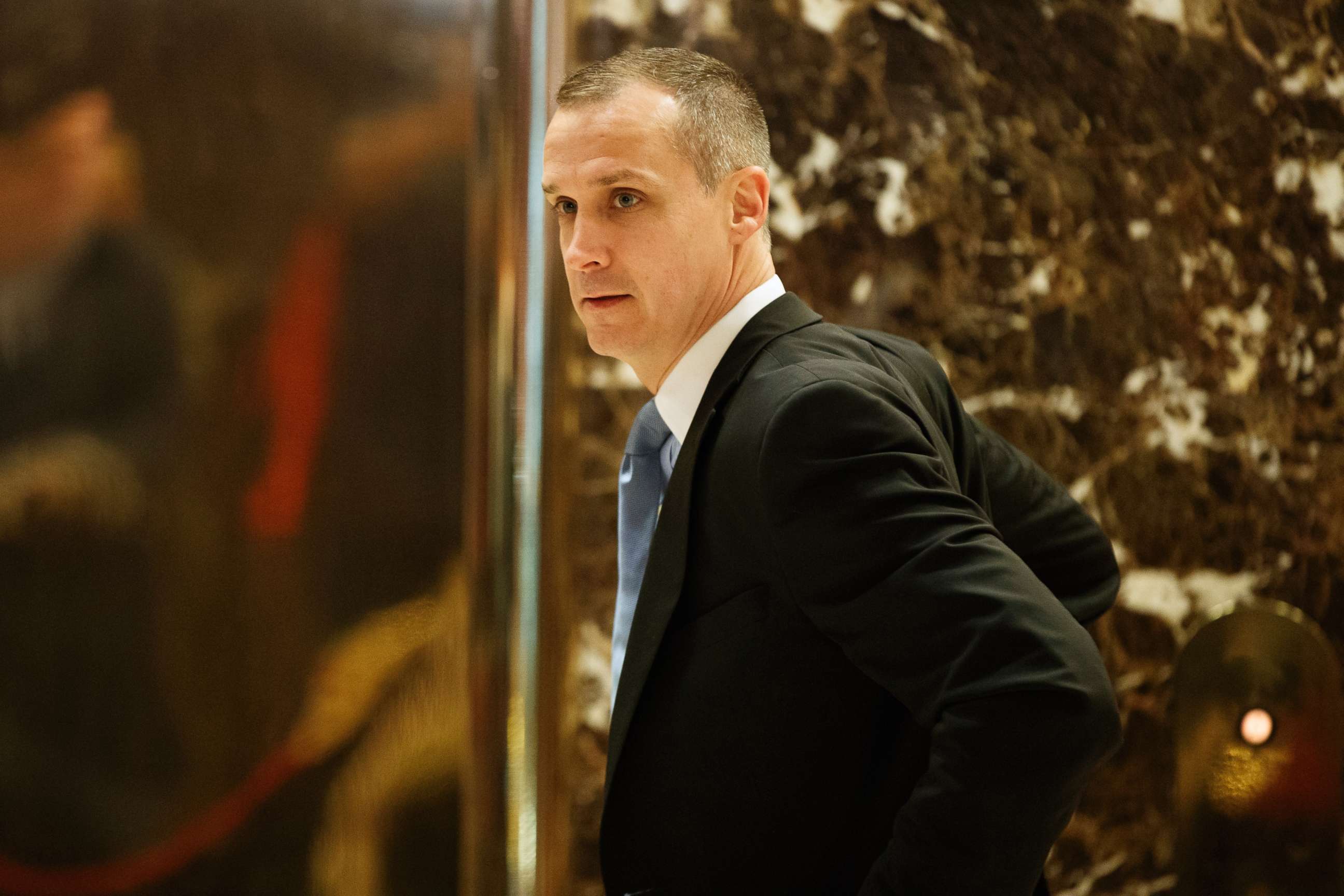 PHOTO: Corey Lewandowski, former campaign manager for President-elect Donald Trump, talks with reporters as he arrives at Trump Tower, Nov. 29, 2016, in New York.
