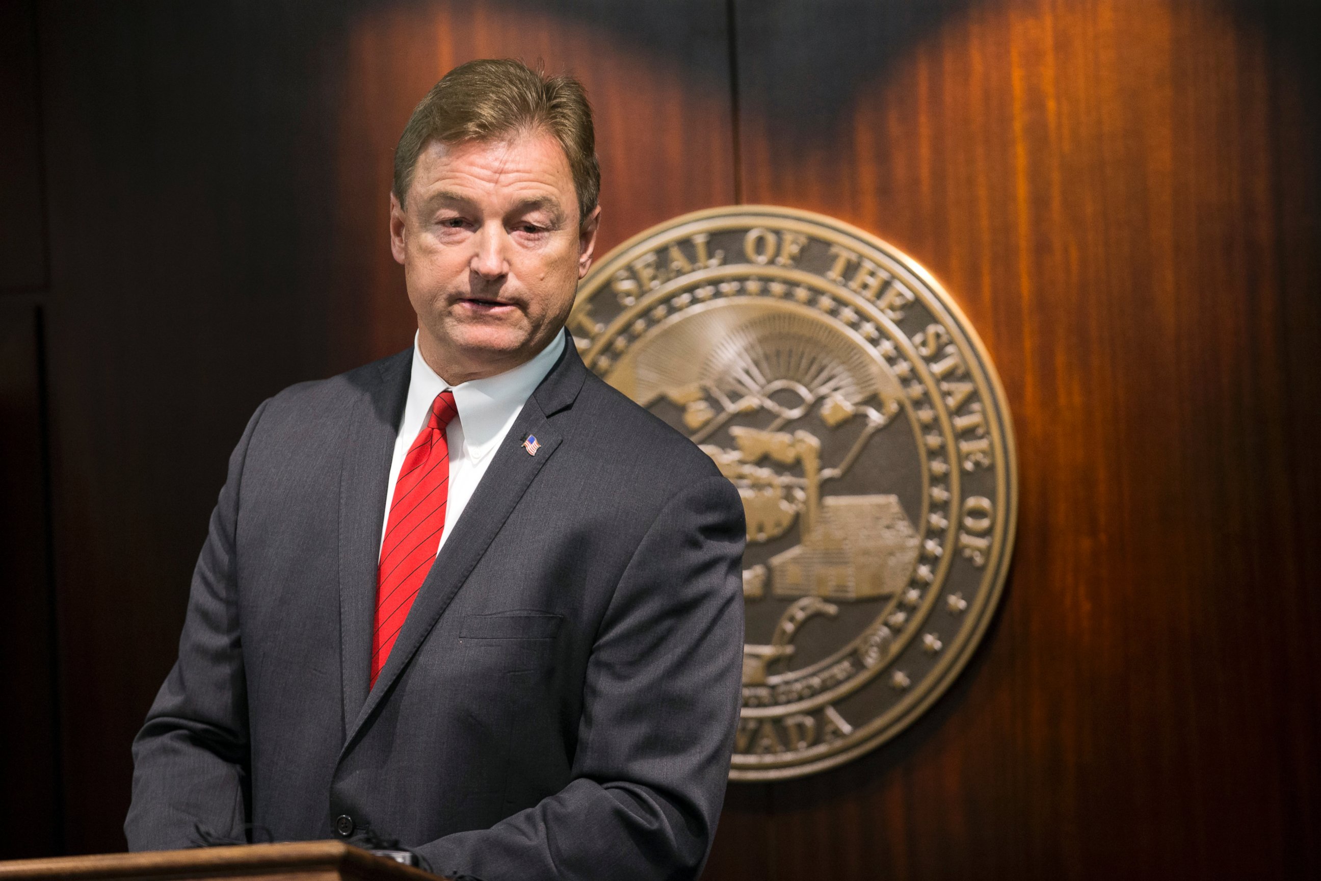 PHOTO: Sen. Dean Heller is pictured during a press conference where he announced he will vote no on the proposed GOP healthcare bill at the Grant Sawyer State Office Building, June 23, 2017 in Las Vegas. 