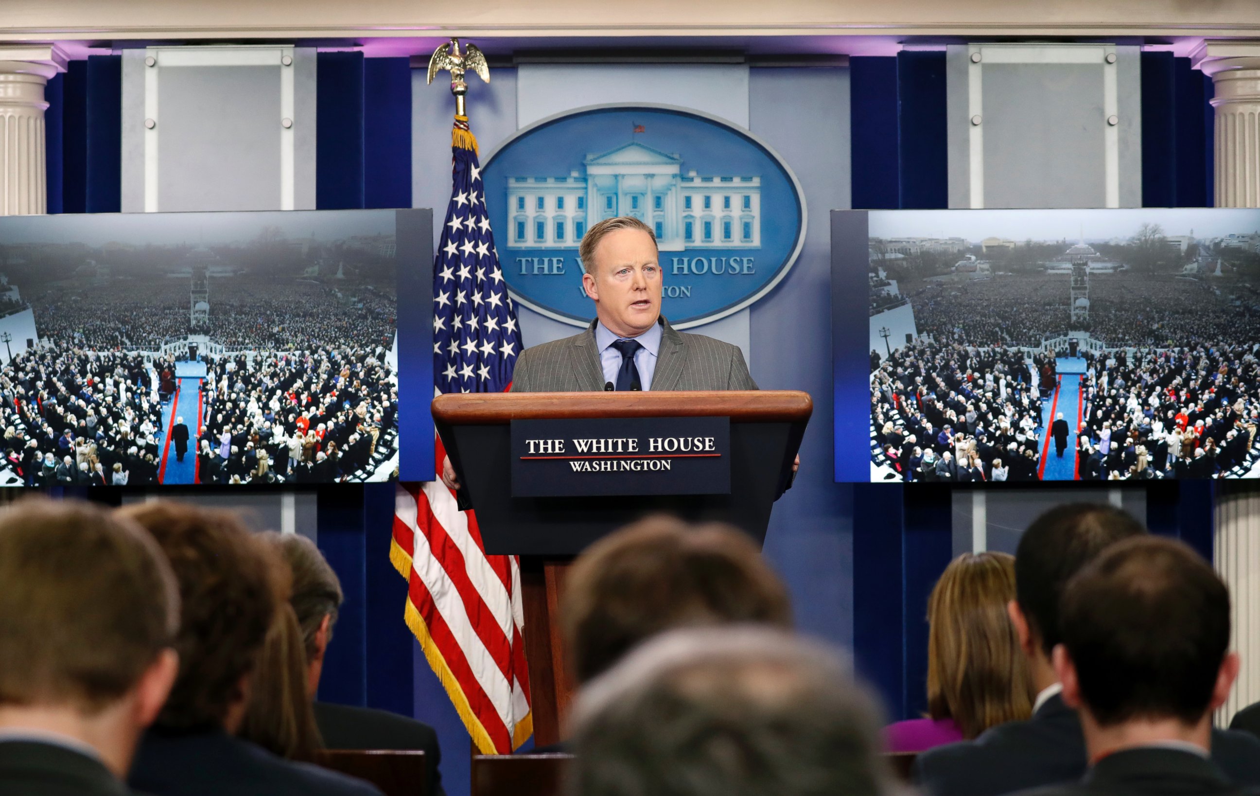 PHOTO: White House press secretary Sean Spicer speaks at the White House, Jan. 21, 2017 in Washington.  Spicer chastised journalists for their coverage of attendance at Donald Trump's inauguration.