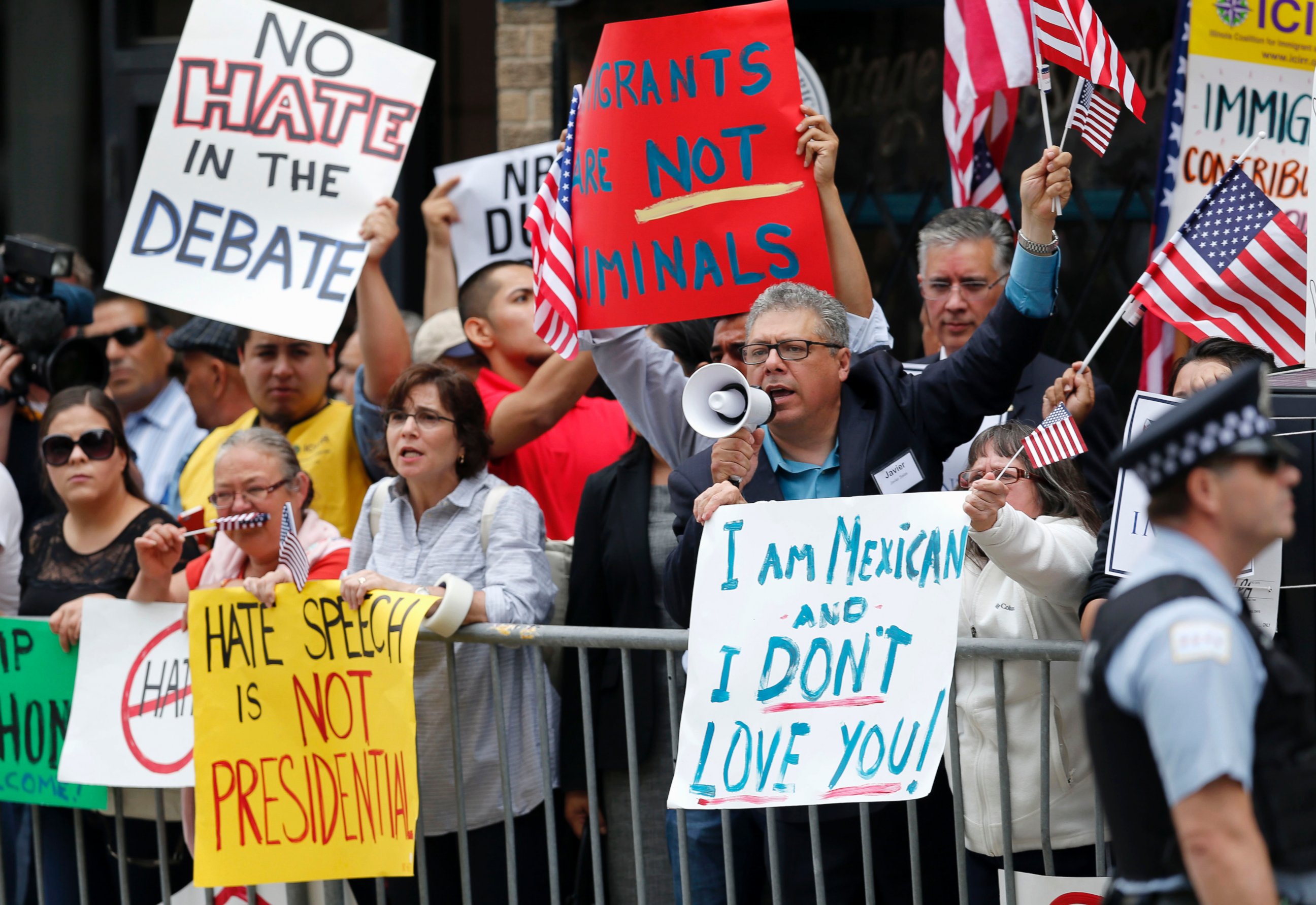 PHOTO: In this June 29, 2015, file photo, protesters gather across the street from a restaurant in Chicago before Republican presidential candidate Donald Trump spoke to members of the City Club of Chicago.