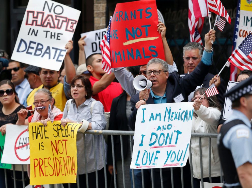 PHOTO: In this June 29, 2015, file photo, protesters gather across the street from a restaurant in Chicago before Republican presidential candidate Donald Trump spoke to members of the City Club of Chicago.