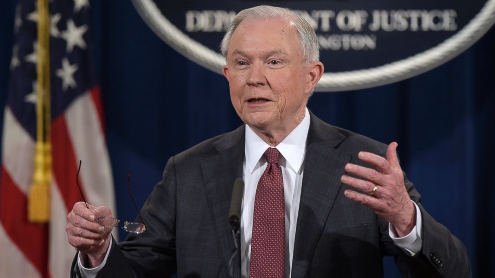 Attorney General Jeff Sessions speaks during a news conference at the Justice Department in Washington, March 2, 2017. Sessions said he will recuse himself from a federal investigation into Russian interference in the 2016 White House election.
