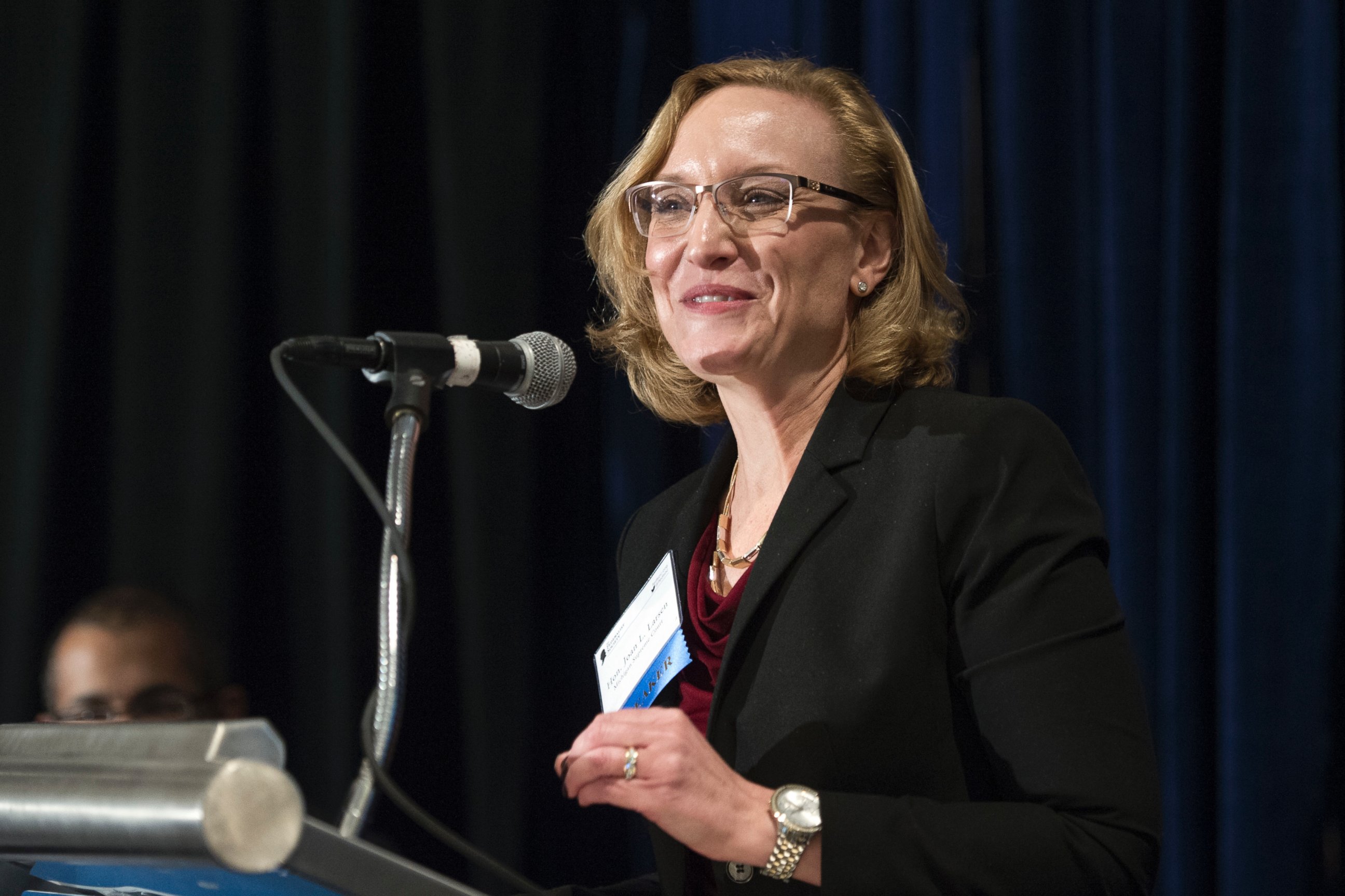 PHOTO: Michigan Supreme Court Justice Joan Larsen moderates a panel discussion during the Federalist Society's National Lawyers Convention in Washington, Nov. 17, 2016. 