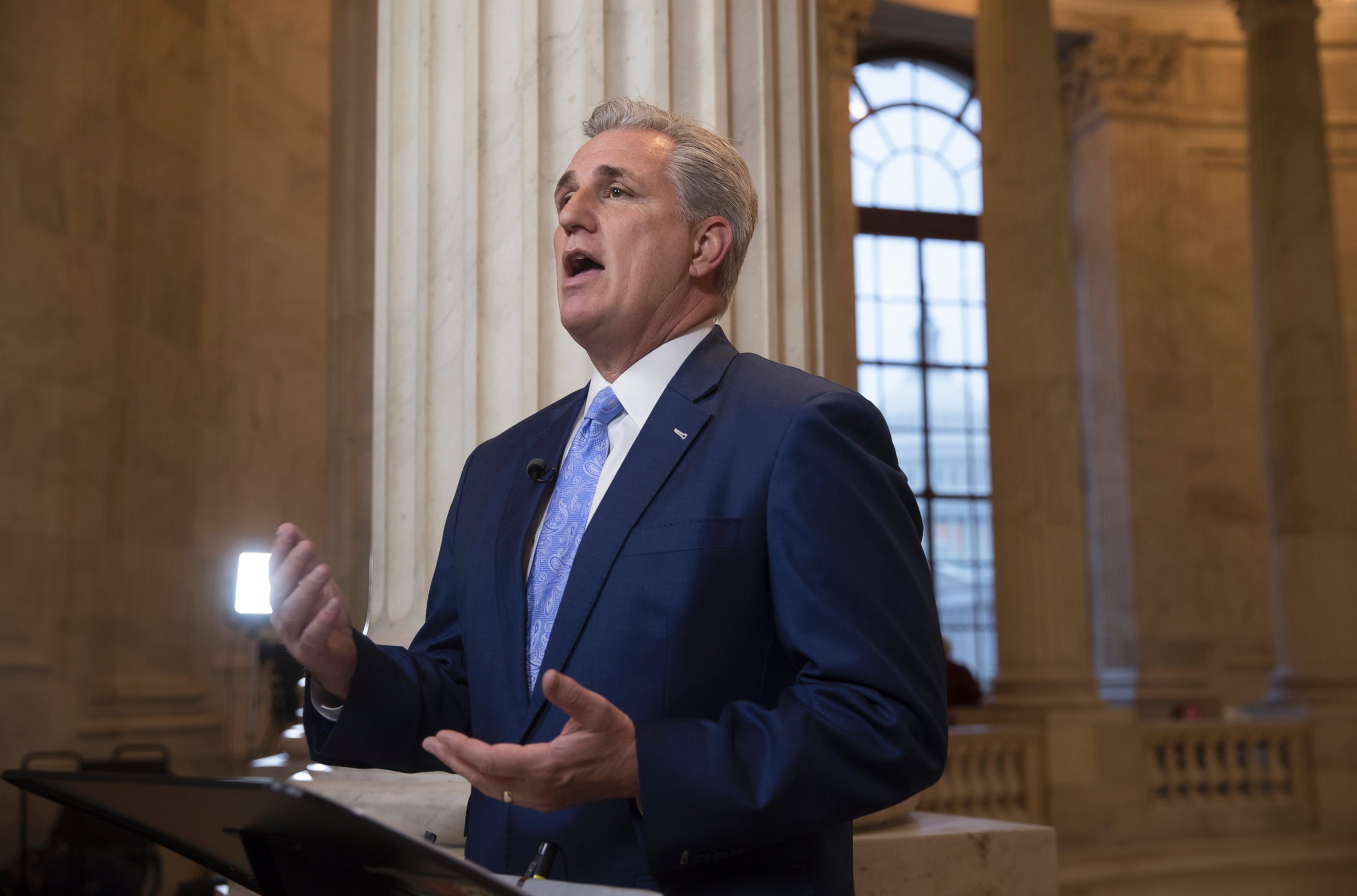 PHOTO: House Majority Leader Kevin McCarthy discusses the move by House Republicans to eviscerate the independent Office of Congressional Ethics, during a network television interview on Capitol Hill in Washington, Jan. 3, 2017.  