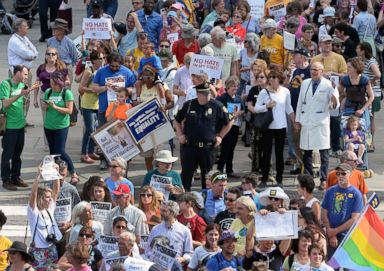 PHOTO: Protesters head into the Legislative building for a sit-in against House Bill 2 in Raleigh, N.C., April 25, 2016.