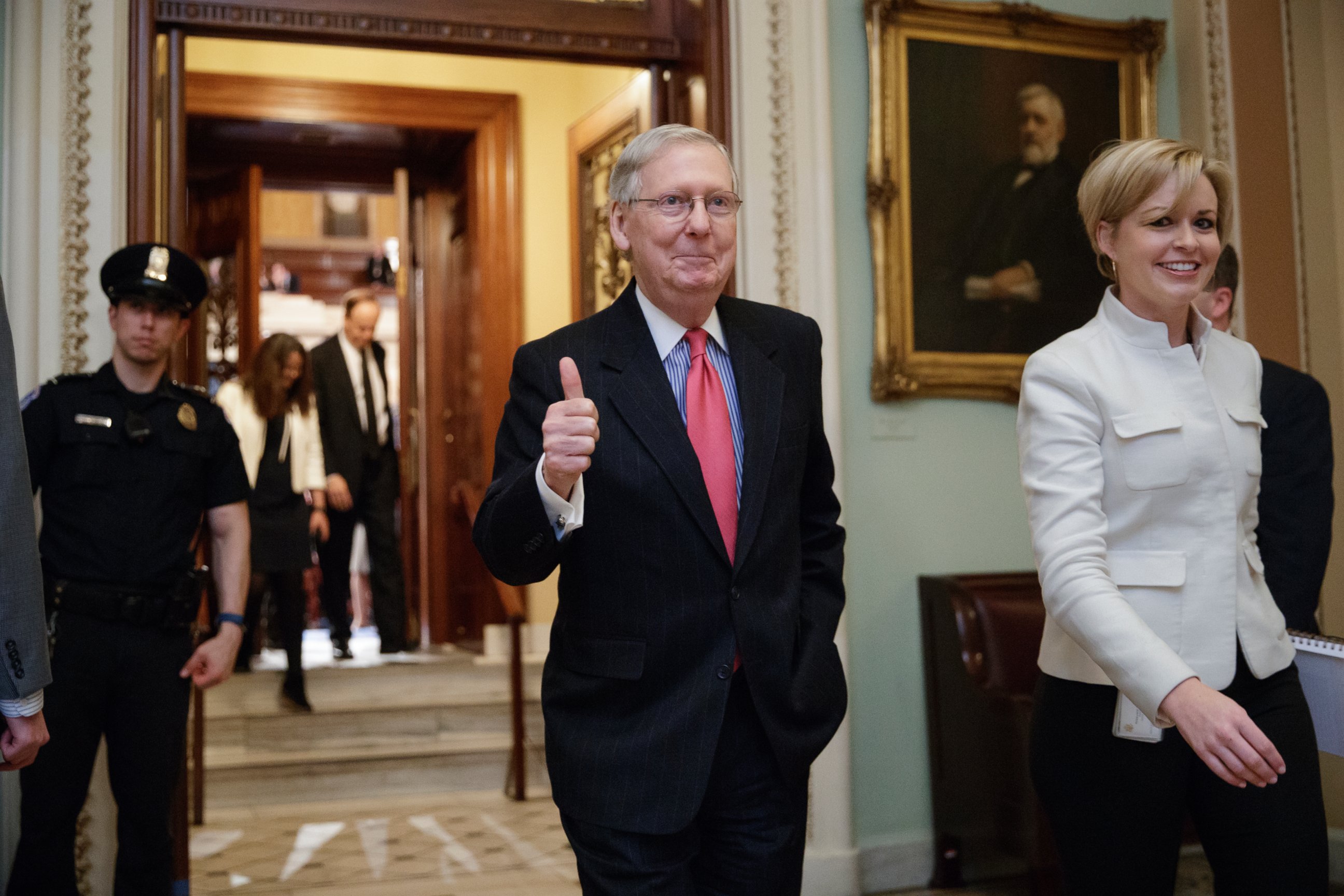 PHOTO: Senate Majority Leader Mitch McConnell signals a thumbs-up as he leaves the Senate chamber on Capitol Hill in Washington, April 6, 2017.