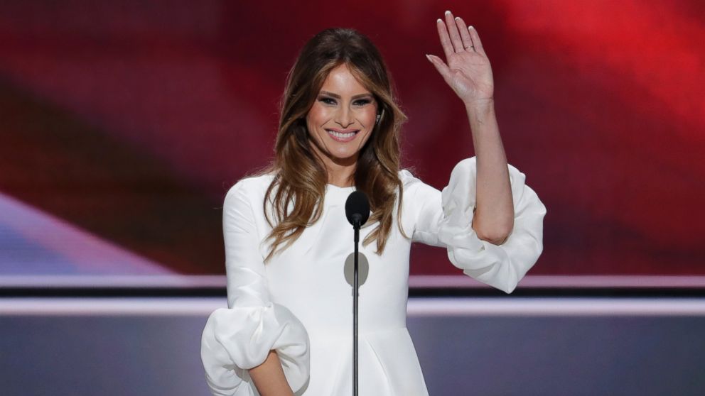 PHOTO: Melania Trump, wife of Donald Trump, waves as she speaks during the opening day of the Republican National Convention in Cleveland, July 18, 2016.