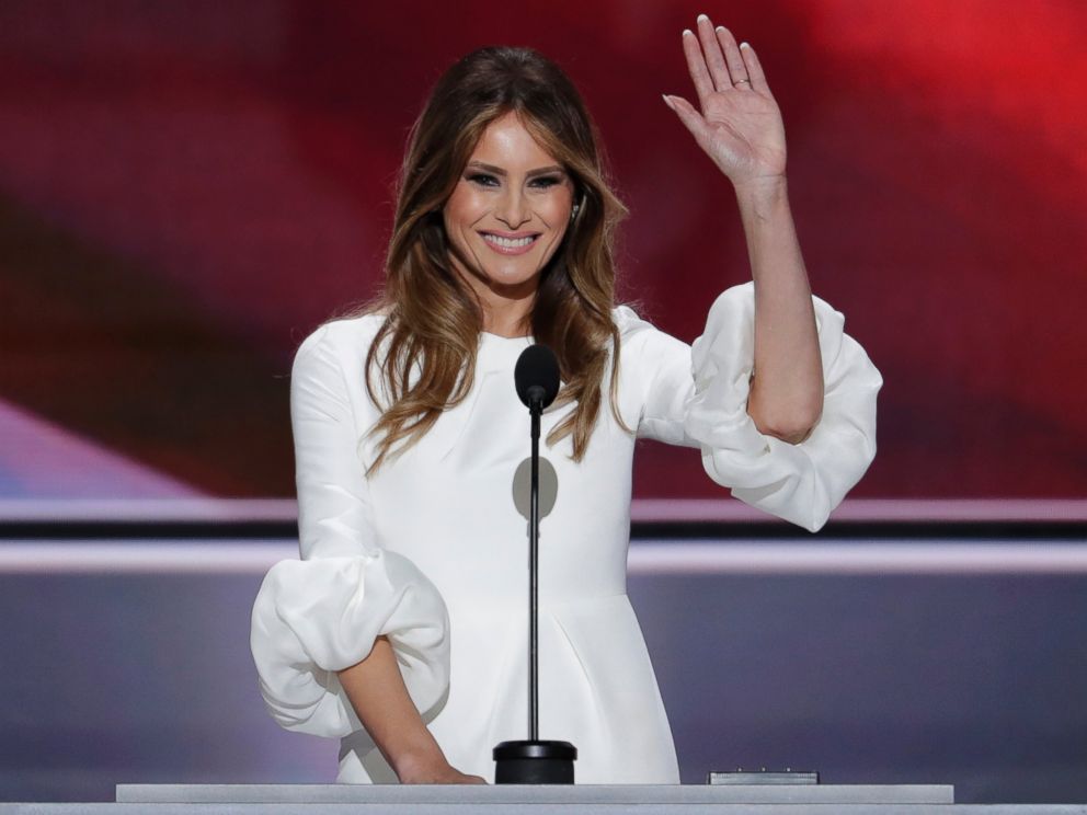 PHOTO: Melania Trump, wife of Donald Trump, waves as she speaks during the opening day of the Republican National Convention in Cleveland, July 18, 2016.