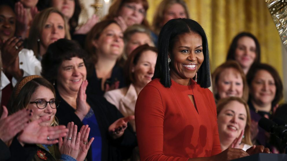 First lady Michelle Obama smiles as she speaks at the 2017 School Counselor of the Year ceremony in the East Room of the White House in Washington, Jan. 6, 2017. 