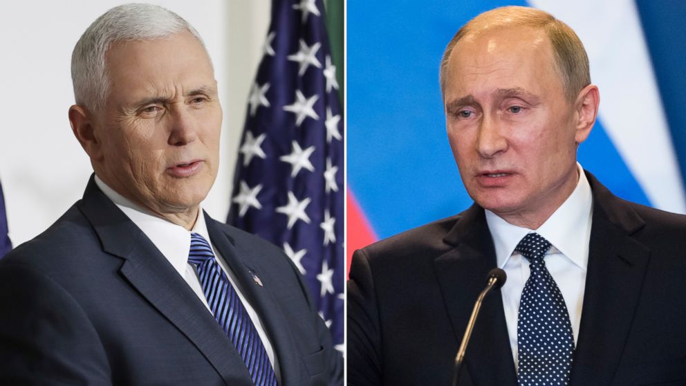 (L-R) Vice President Mike Pence speaks at Congress Hall in Philadelphia, Feb. 4, 2017 and Russian President Vladimir Putin speaks in Budapest, Hungary, Feb. 2, 2017.