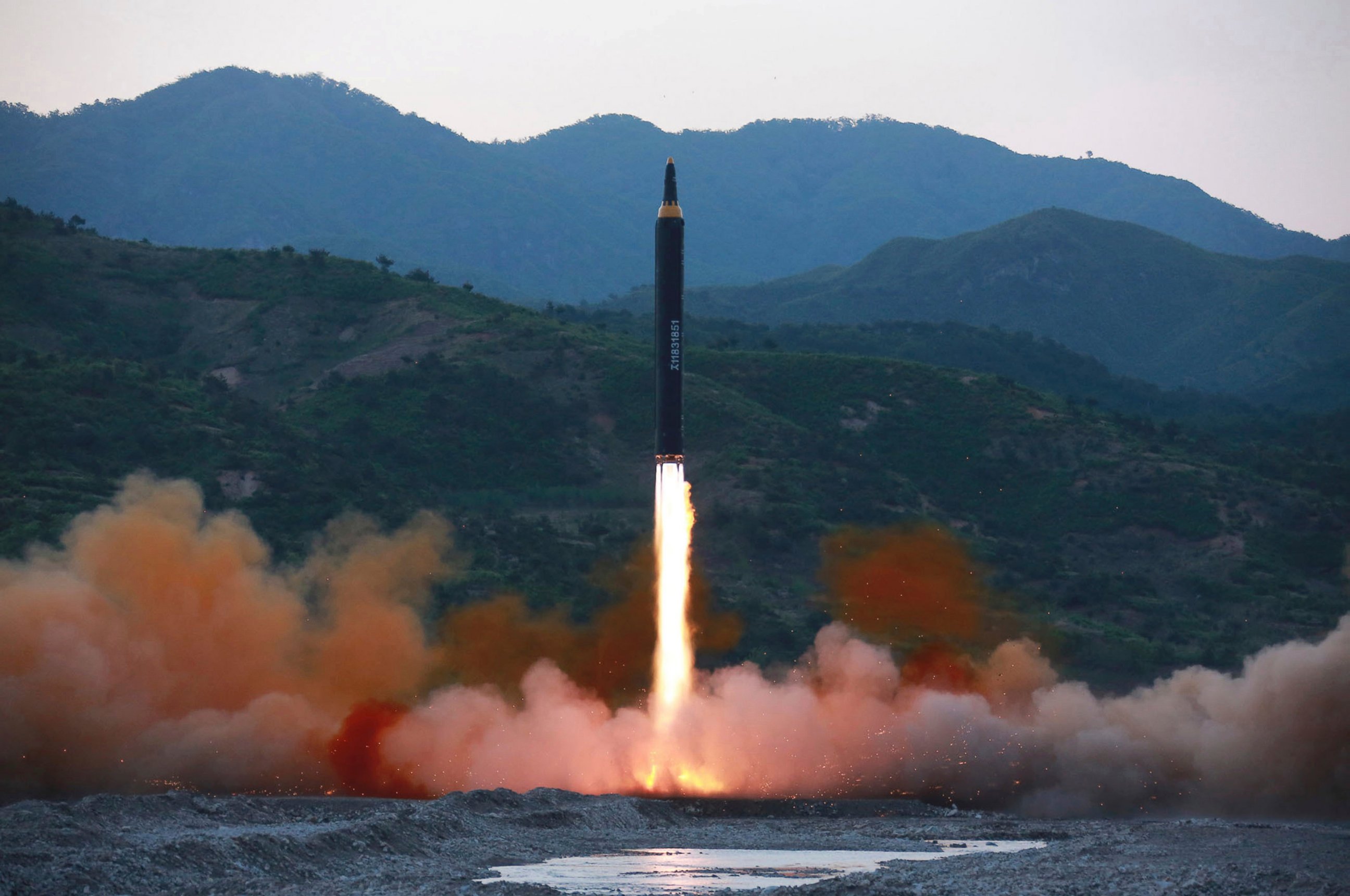 PHOTO: This May 14, 2017, photo distributed by the North Korean government shows the "Hwasong-12," a new type of ballistic missile at an undisclosed location in North Korea. 