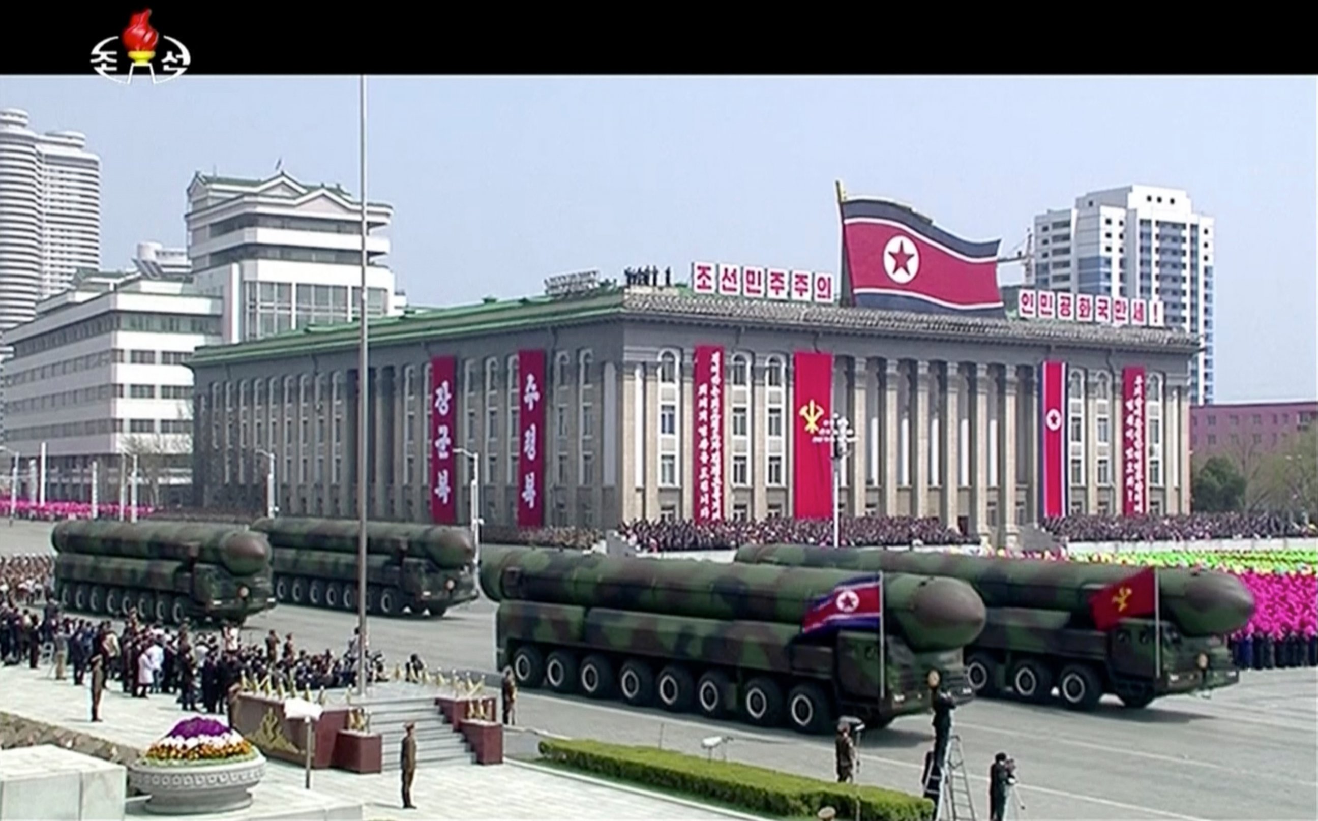 PHOTO: Missiles are displayed during a parade at Kim Il Sung Square in Pyongyang, April 15, 2017. 