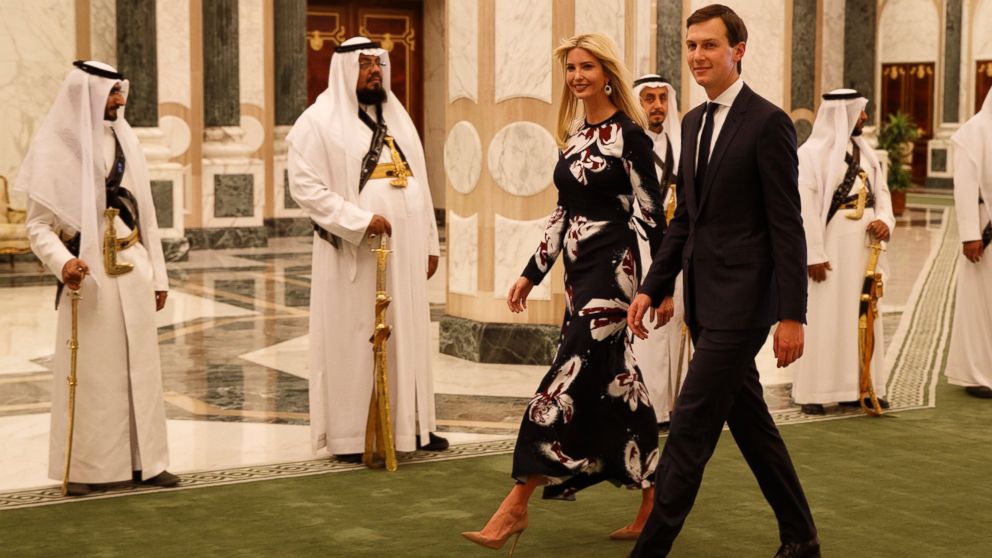 White House senior adviser Jared Kushner, right, walks with Ivanka Trump at the Royal Court Palace, Saturday, May 20, 2017, in Riyadh. 