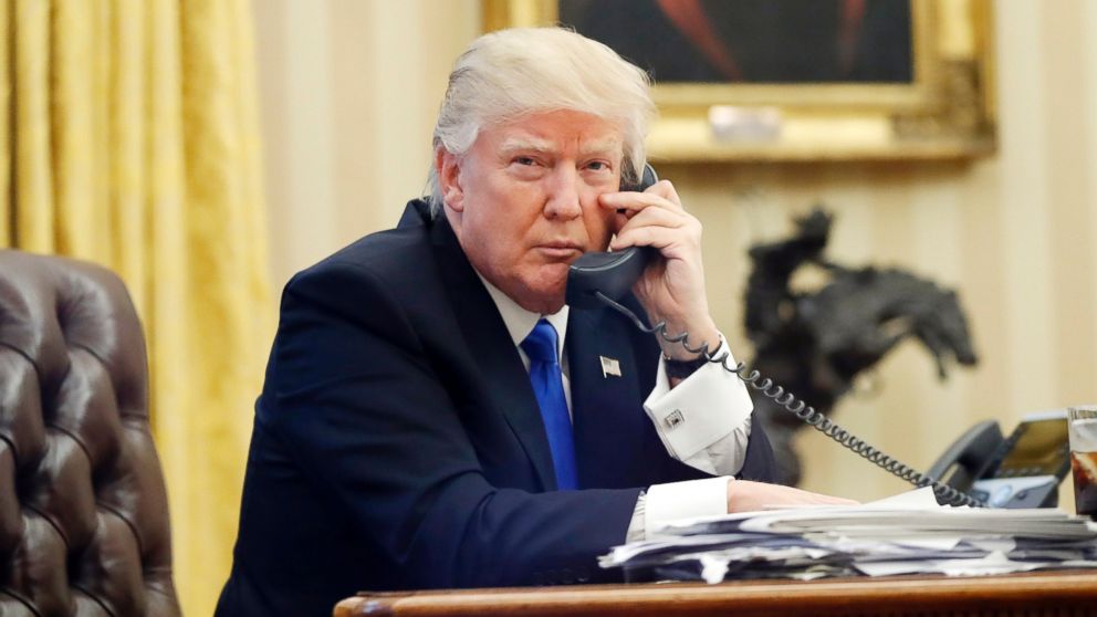 PHOTO: President Donald Trump speaks on the phone with Prime Minister of Australia Malcolm Turnbull in the Oval Office of the White House in Washington, Jan. 28, 2017, file photo.