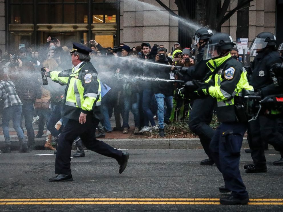 PHOTO: Police fire pepper spray on protesters during a demonstration after the inauguration of President Donald Trump, Jan. 20, 2017, in Washington.