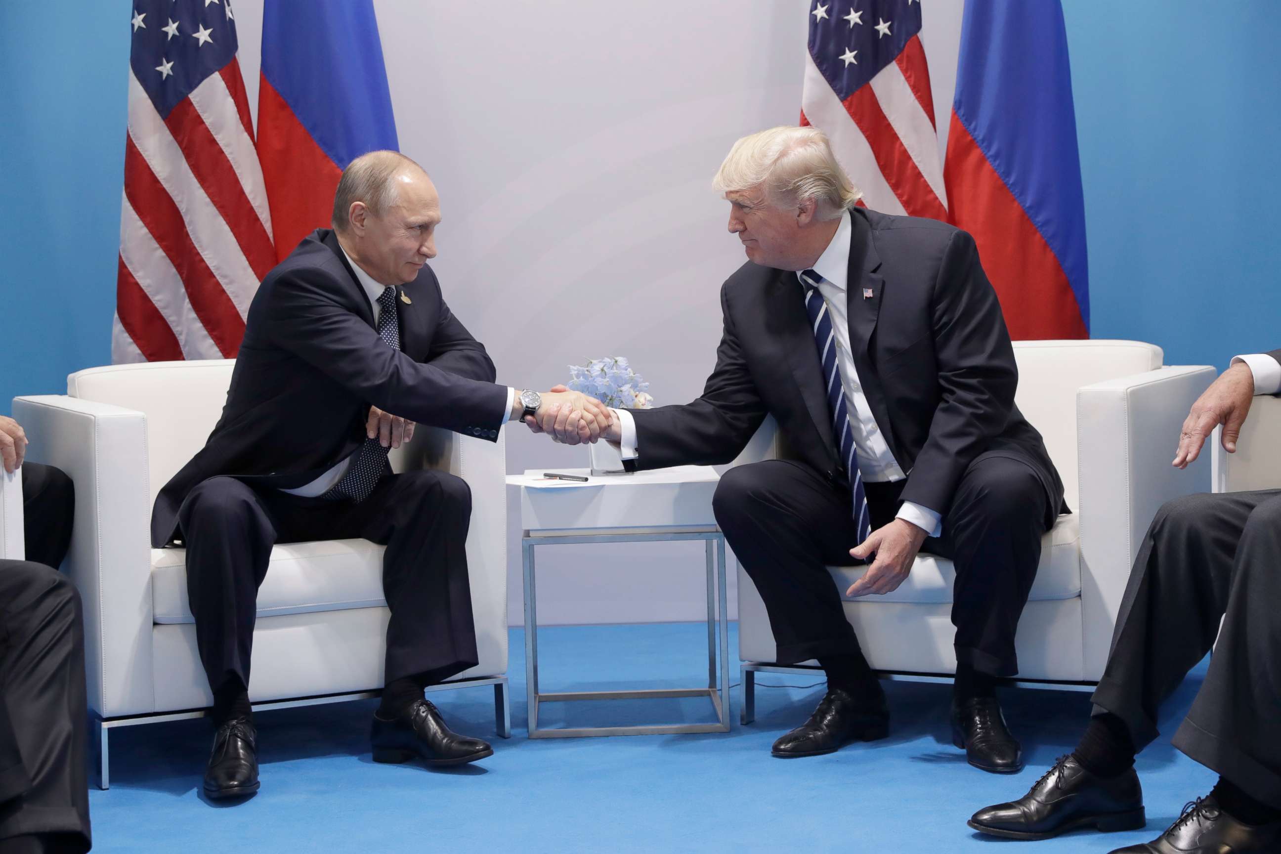 PHOTO: President Donald Trump shakes hands with Russian President Vladimir Putin at the G-20 Summit, July 7, 2017, in Hamburg, Germany.