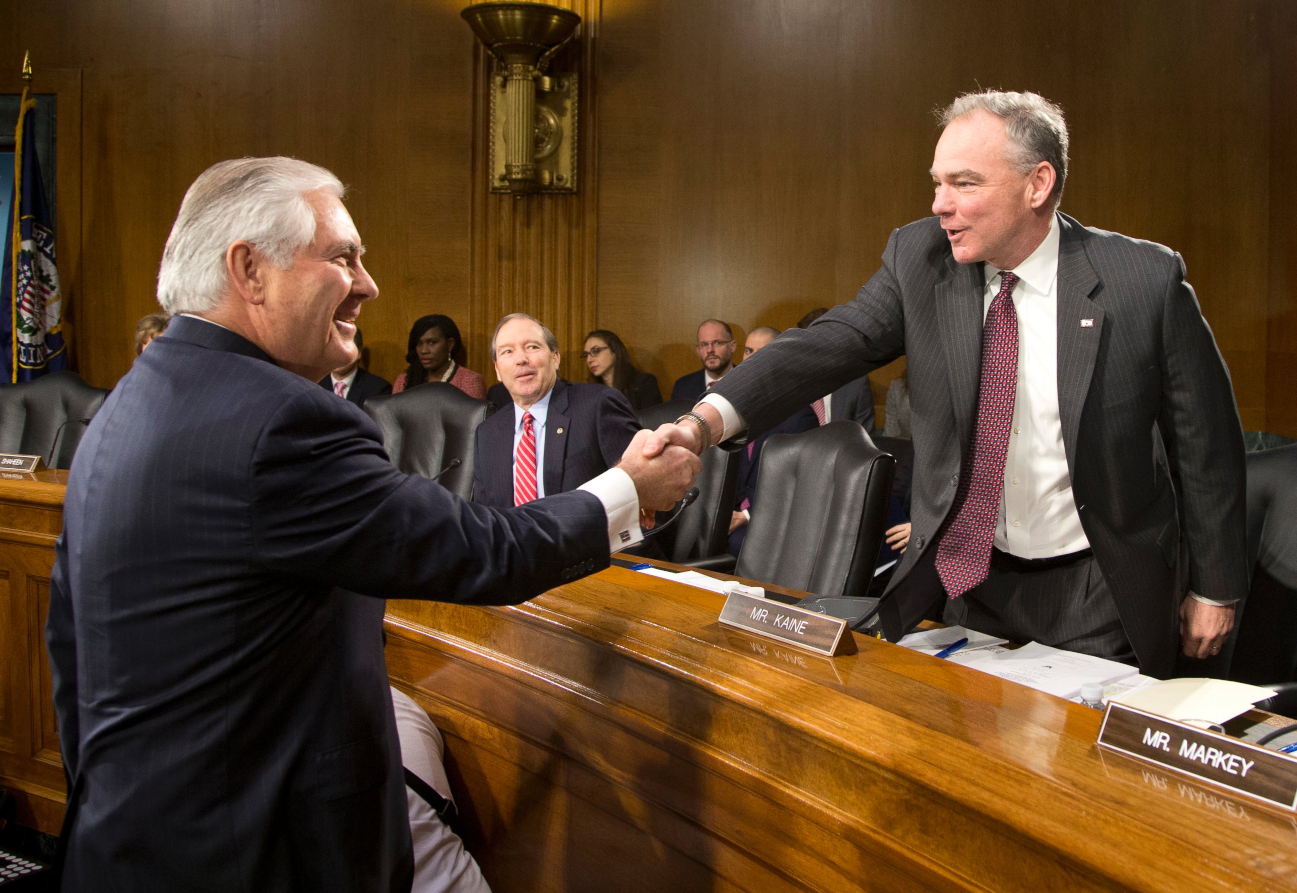 PHOTO: Senate Foreign Relations Committee member Sen. Tim Kaine, right, greets Secretary of State-designate Rex Tillerson on Capitol Hill in Washington, Jan. 11, 2017, prior to the start of Tillerson's confirmation hearing before the committee.