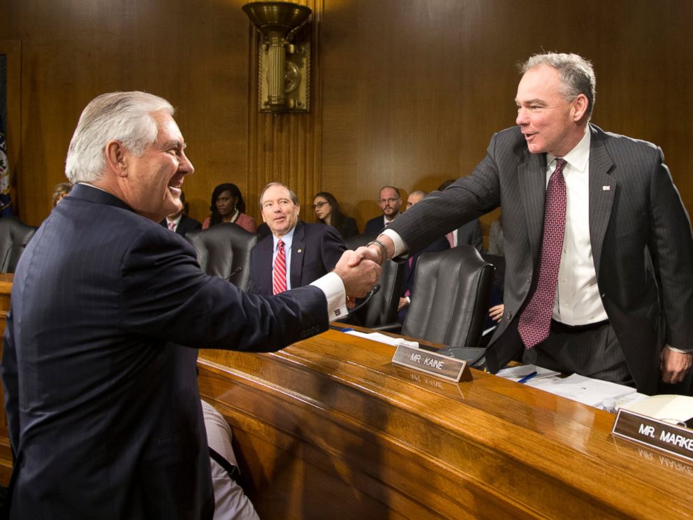 PHOTO: Senate Foreign Relations Committee member Sen. Tim Kaine, right, greets Secretary of State-designate Rex Tillerson on Capitol Hill in Washington, Jan. 11, 2017, prior to the start of Tillersons confirmation hearing before the committee.